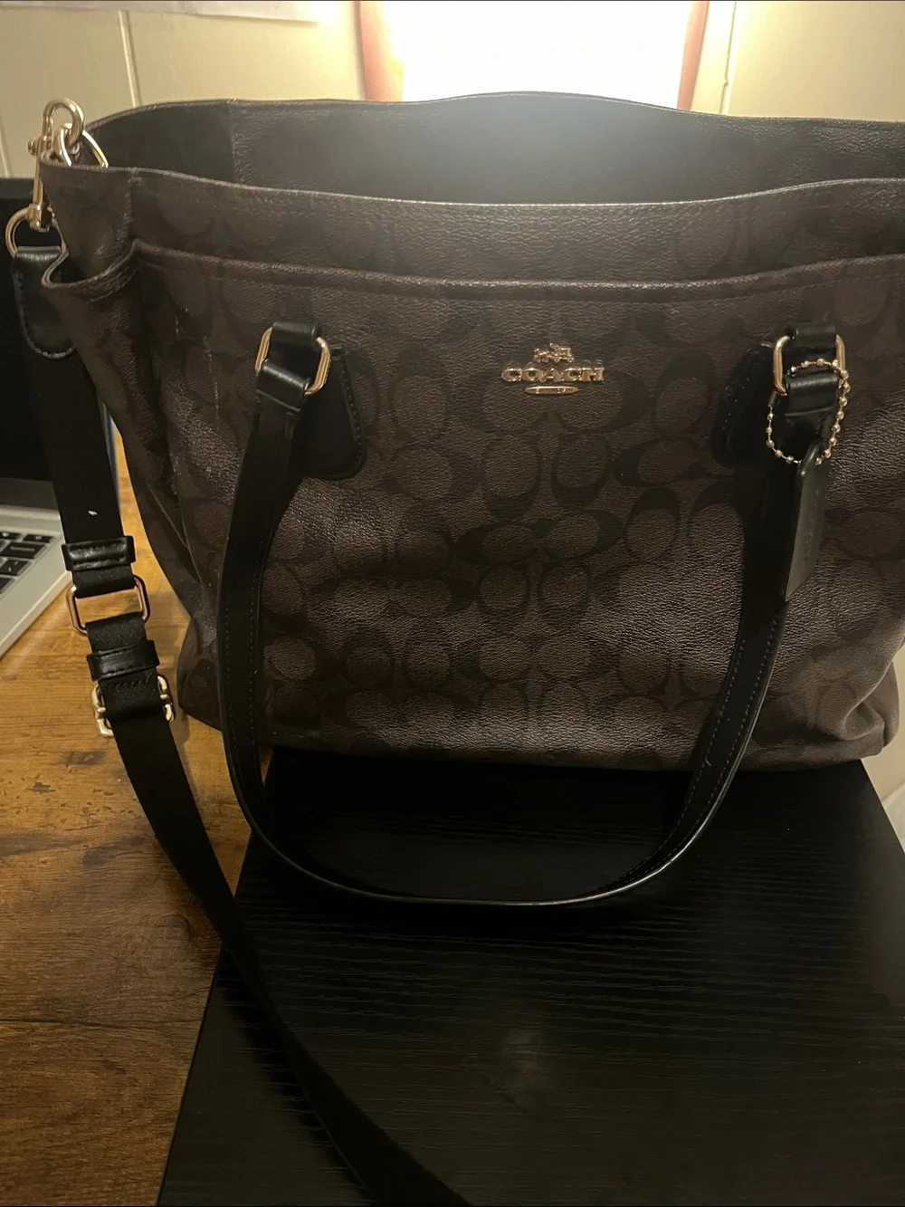 Coach Brown Signature Canvas Diaper bag with Black Trim